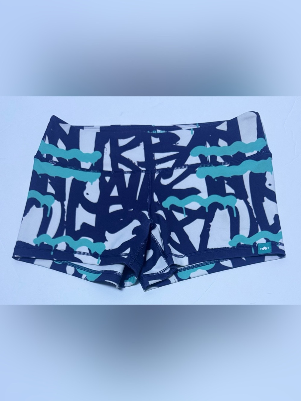 WODBottom Women’s Graffiti Print CrossFit Booty Shorts Navy Aqua Medium